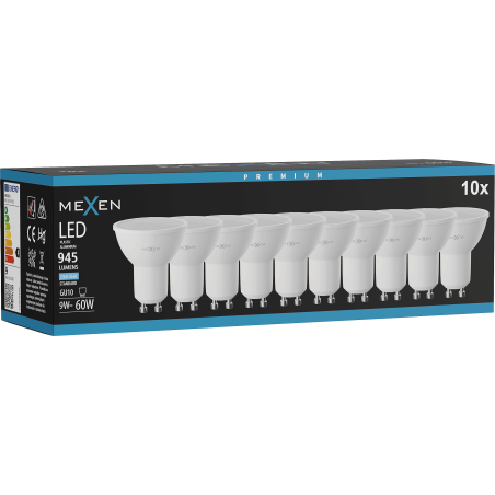 Mexen Nova 10x LED spuldze GU10, 9W, Auksts - 6500K, 945 lm - L108-GU10-0965-01x10