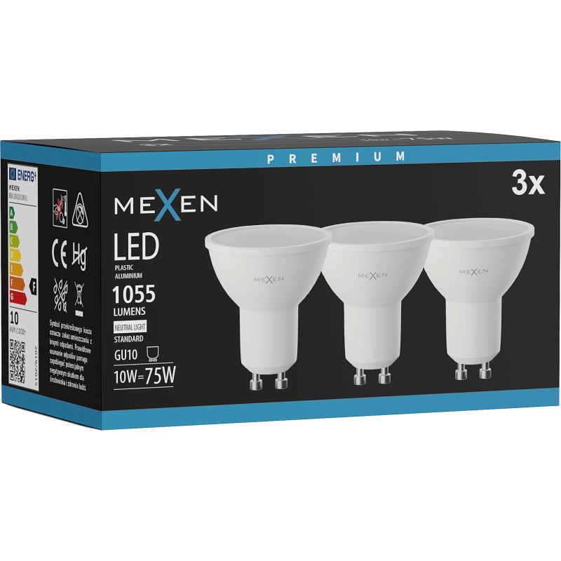 Mexen Nova 3x LED-lamppu GU10, 10W, Neutraali - 4000K, 1055 lm - L108-GU10-1040-01x03