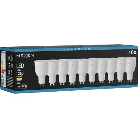Mexen Nova 10x LED-lamp GU10, 12W, Warm - 3000K, 1260 lm - L108-GU10-1230-01x10