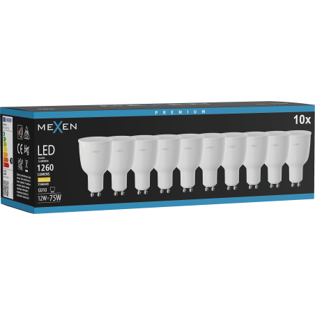 Mexen Nova 10x LED spuldze GU10, 12W, Silti - 3000K, 1260 lm - L108-GU10-1230-01x10