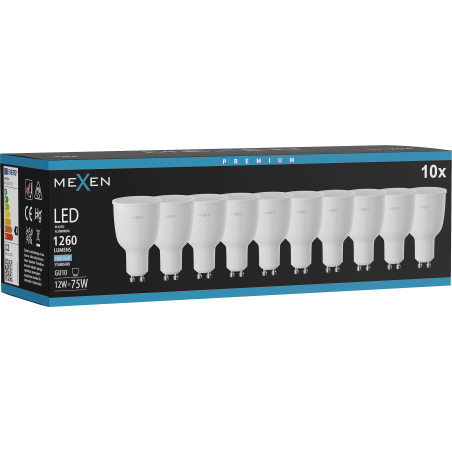 Mexen Nova 10x LED-lampa GU10, 12W, Kall - 6500K, 1260 lm - L108-GU10-1265-01x10