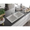 Mexen Mario granite sink 2-bowl with Rita kitchen tap, white - 6504-20-670300-00