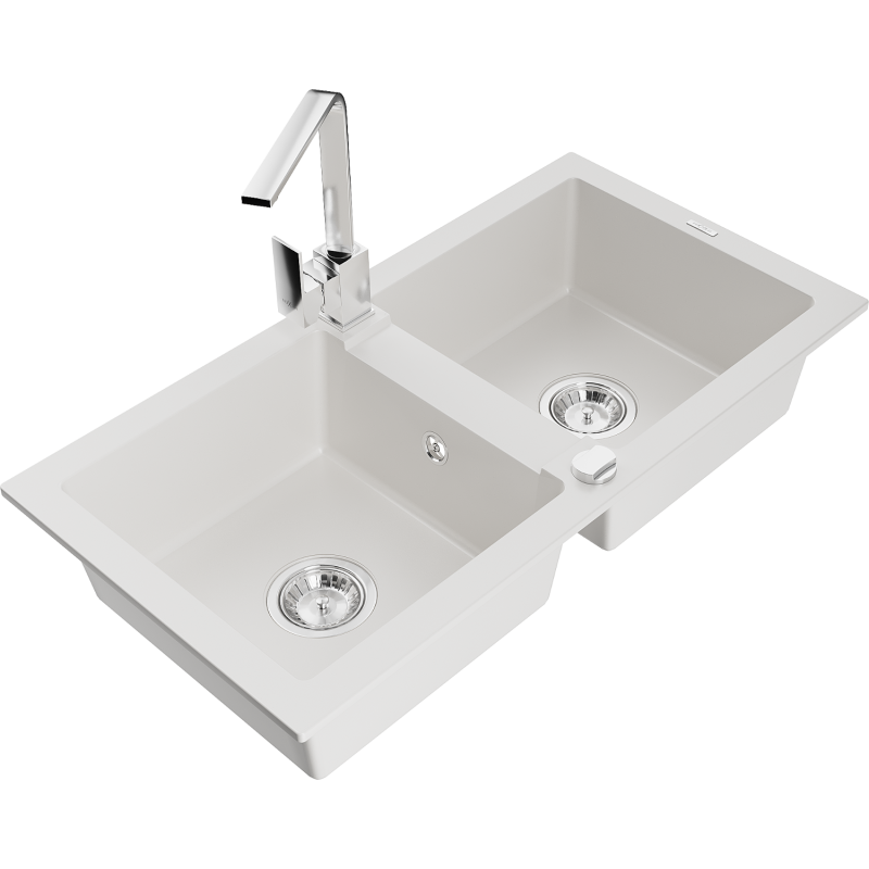 Mexen Mario fregadero de granito de 2 compartimentos con grifo de cocina Rita, blanco - 6504-20-670300-00