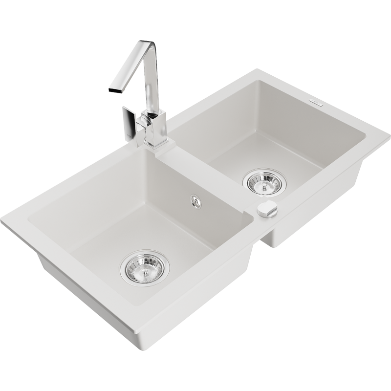 Mexen Mario granite sink 2-bowl with Rita kitchen tap, white - 6504-20-670300-00