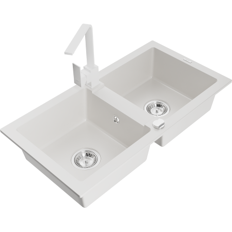 Mexen Mario fregadero de granito de 2 senos con grifo de cocina Rita, blanco - 6504-20-670300-20
