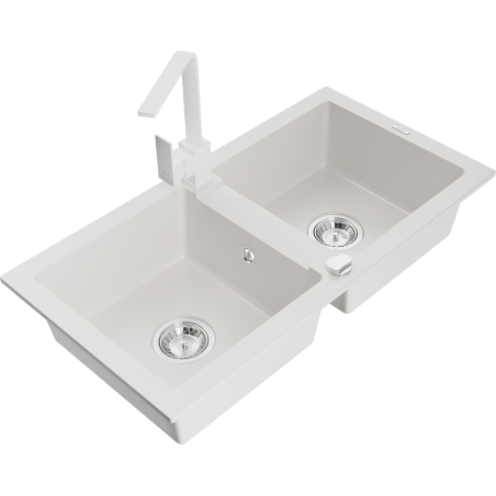 Mexen Mario granite kitchen sink 2-bowl with Rita kitchen tap, white - 6504-20-670300-20