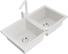 Mexen Mario fregadero de granito de 2 cubetas con grifo de cocina Rita, blanco - 6504-20-670300-20