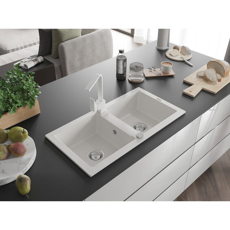 Mexen Mario fregadero de granito de 2 cubetas con grifo de cocina Rita, blanco - 6504-20-670300-20