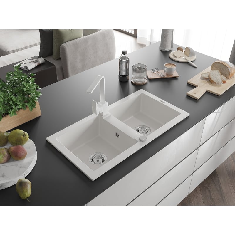 Mexen Mario fregadero de granito de 2 senos con grifo de cocina Rita, blanco - 6504-20-670300-20