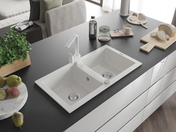 Mexen Mario granitdiskho med 2 fackor och köksblandare Rita, vit - 6504-20-670300-20