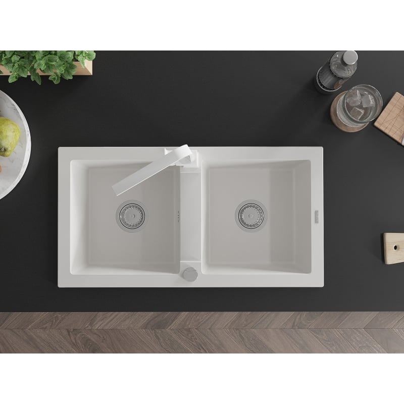Mexen Mario fregadero de granito de 2 senos con grifo de cocina Rita, blanco - 6504-20-670300-20