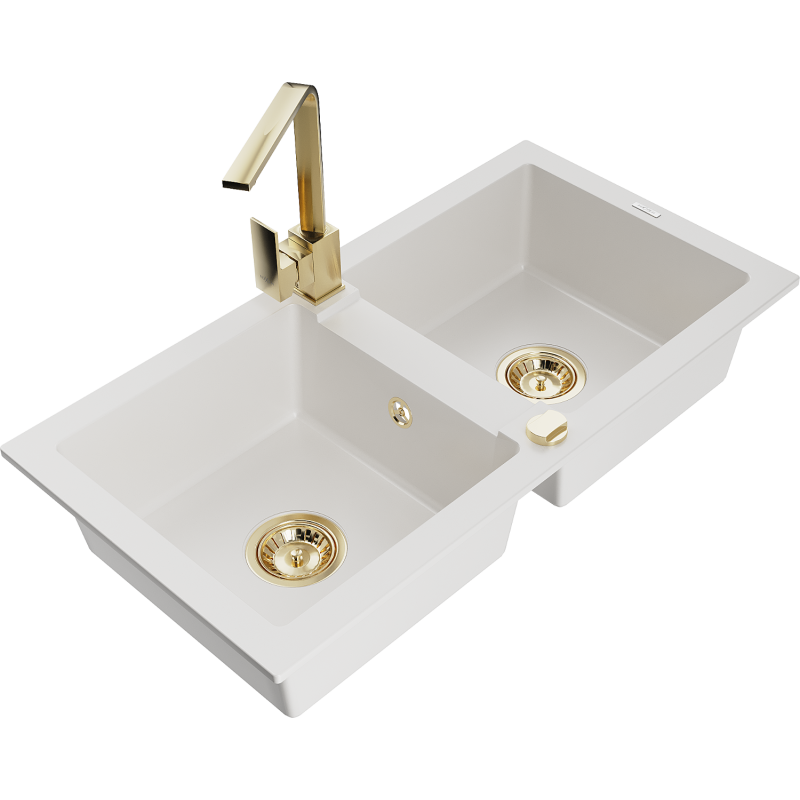 Mexen Mario granite sink 2-bowl with Rita kitchen tap, white - 6504-20-670300-50