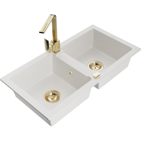 Mexen Mario granitdiskbänk 2-fack med kökskran Rita, vit - 6504-20-670300-50