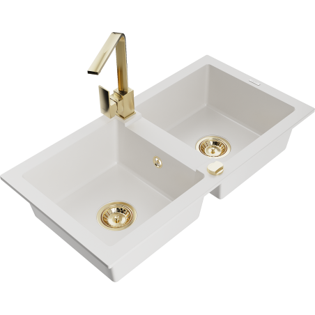 Mexen Mario granite sink 2-bowl with Rita kitchen tap, white - 6504-20-670300-50