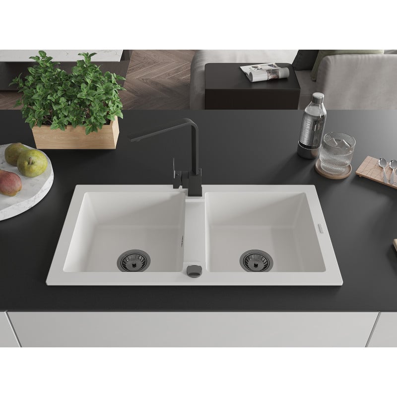 Mexen Mario fregadero de granito de 2 cubetas con grifo de cocina Rita, blanco - 6504-20-670300-70