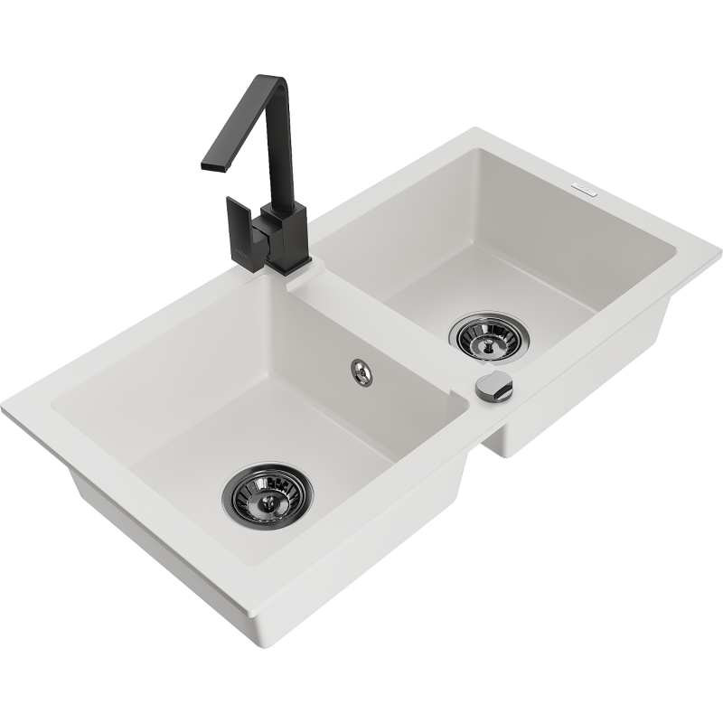 Mexen Mario évier en granit à 2 bacs avec robinet de cuisine Rita, blanc - 6504-20-670300-70