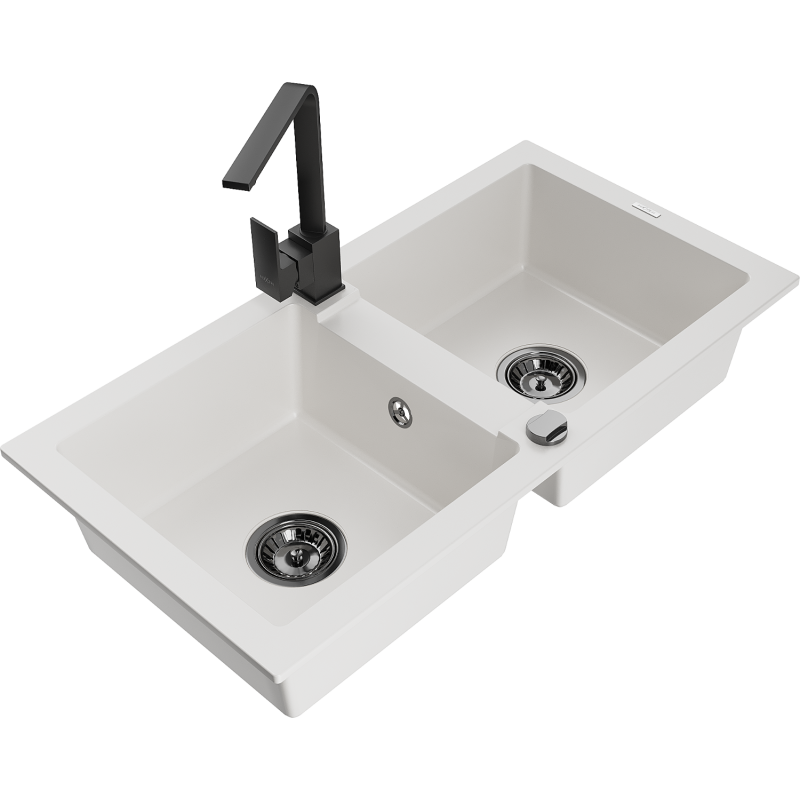 Mexen Mario lava-loiças de granito com 2 cubas e torneira de cozinha Rita, branco - 6504-20-670300-70