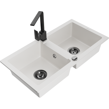 Mexen Mario granite sink 2-chamber with Rita kitchen tap, white - 6504-20-670300-70