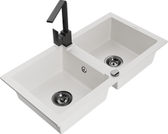 Mexen Mario granite sink 2-chamber with Rita kitchen tap, white - 6504-20-670300-70