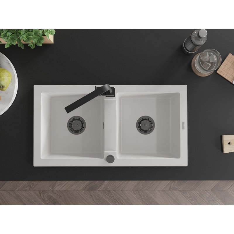 Mexen Mario lava-loiças de granito com 2 cubas e torneira de cozinha Rita, branco - 6504-20-670300-70