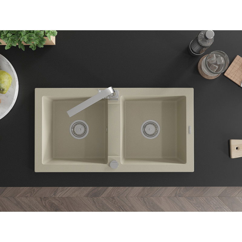Mexen Mario granite kitchen sink 2-bowl with Rita kitchen tap, beige - 6504-69-670300-00