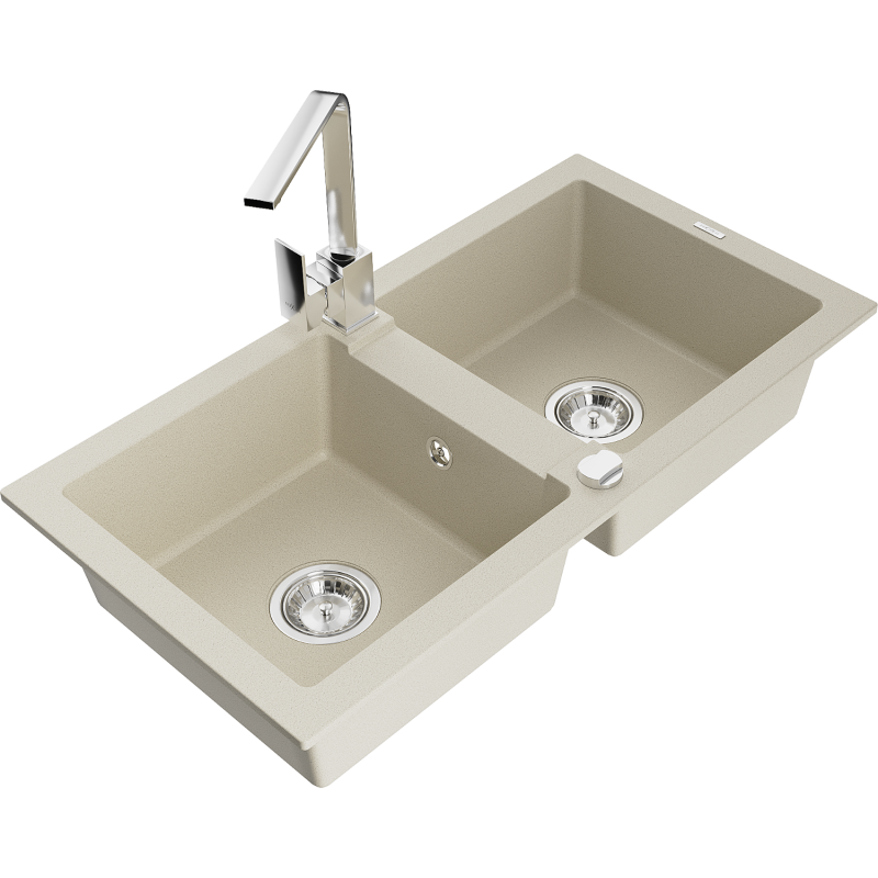 Mexen Mario granite kitchen sink 2-bowl with Rita kitchen tap, beige - 6504-69-670300-00