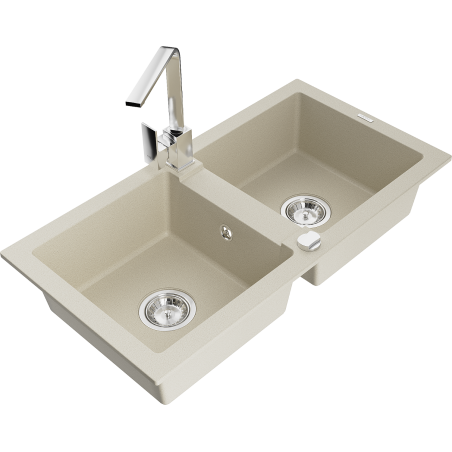Mexen Mario granite kitchen sink 2-bowl with Rita kitchen tap, beige - 6504-69-670300-00