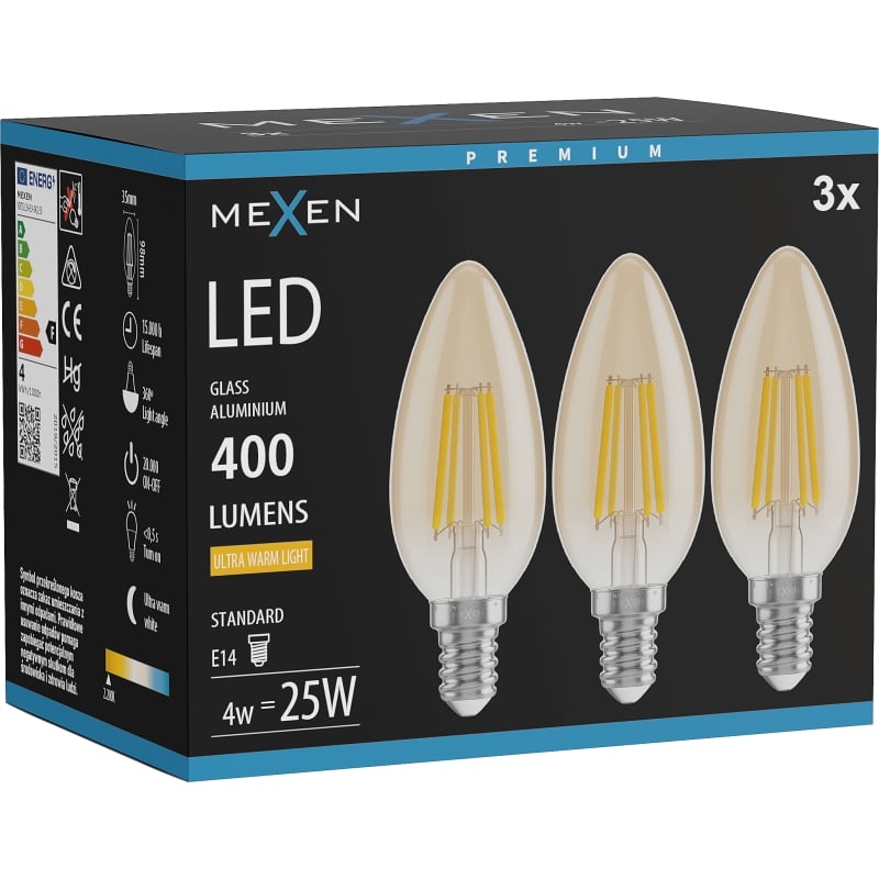 Mexen Vintis 3x LED-filamentlampa E14, C35, 4W, Varm - 2200K, 400 lm, bärnsten - L154-E14-0422-50x03
