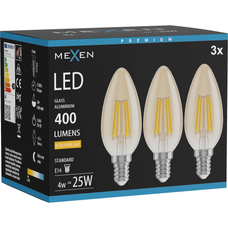 Mexen Vintis 3x Lampadina filament LED E14, C35, 4W, Calda - 2200K, 400 lm, ambra - L154-E14-0422-50x03