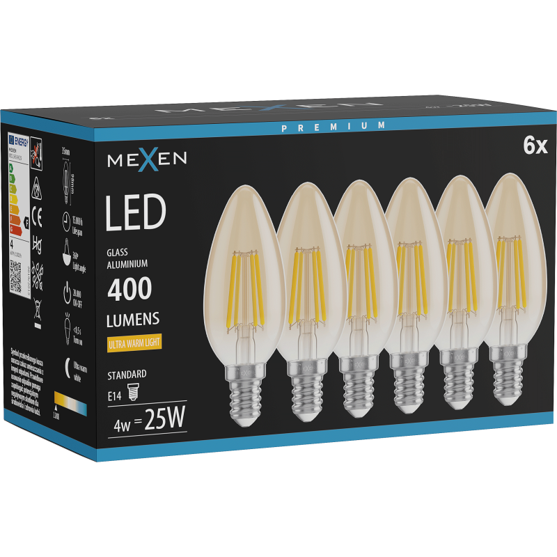 Mexen Vintis 6x Λαμπτήρας LED filament E14, C35, 4W, Θερμό - 2200K, 400 lm, κεχριμπαρένιο