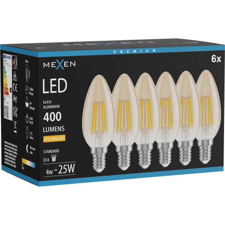 Mexen Vintis 6x Lampadina filament LED E14, C35, 4W, Calda - 2200K, 400 lm, ambra - L154-E14-0422-50x06