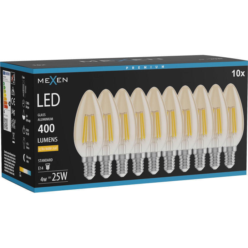 Mexen Vintis 10x żarówka filament LED E14, C35, 4W, Ciepła - 2200K, 400 lm, amber - L154-E14-0422-50x10