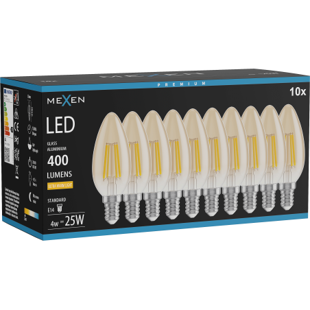 Mexen Vintis 10x Λάμπα LED Filament E14, C35, 4W, Θερμό - 2200K, 400 lm, κεχριμπάρι - L154-E14-0422-50x10