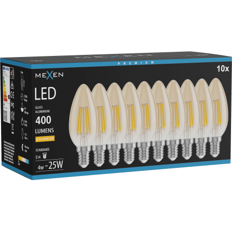 Mexen Vintis 10x LED Filament Bulb E14, C35, 4W, Warm - 2200K, 400 lm, amber - L154-E14-0422-50x10