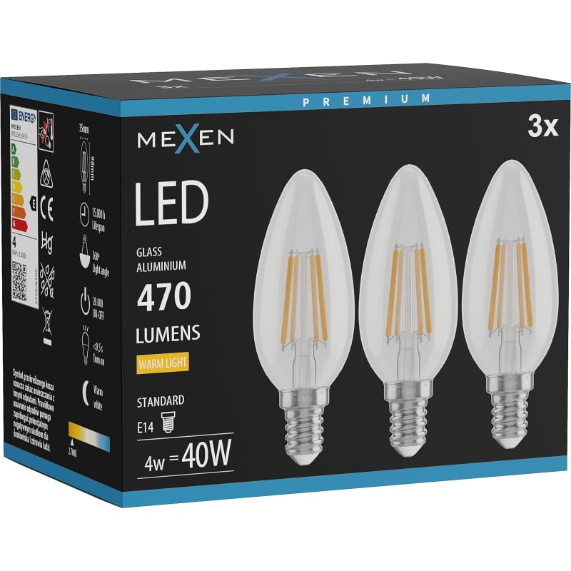 Mexen Vintis 3x LED filament lampa E14, C35, 4W, varm - 2700K, 470 lm, klar - L154-E14-0427-00x03