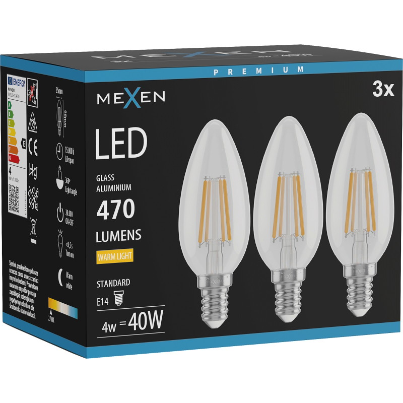 Mexen Vintis 3x LED-filamenttilamppu E14, C35, 4W, Lämmin - 2700K, 470 lm, kirkas - L154-E14-0427-00x03
