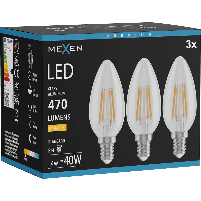 Mexen Vintis 3x LED kvēlspuldze E14, C35, 4W, Silta - 2700K, 470 lm, caurspīdīga - L154-E14-0427-00x03