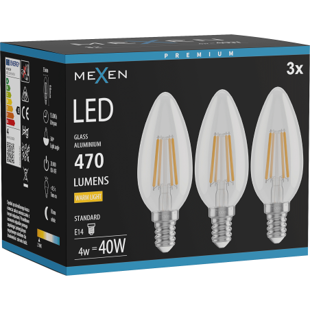Mexen Vintis 3x LED filament lampa E14, C35, 4W, varm - 2700K, 470 lm, klar - L154-E14-0427-00x03