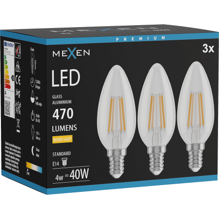 Mexen Vintis 3x LED kvēlspuldze E14, C35, 4W, Silta - 2700K, 470 lm, caurspīdīga - L154-E14-0427-00x03