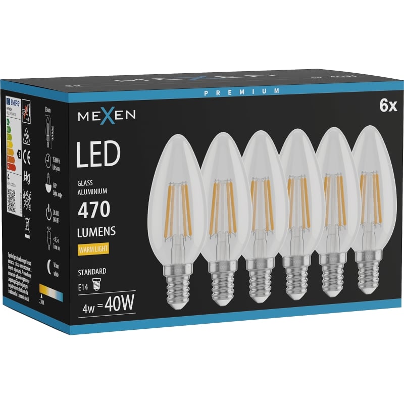 Mexen Vintis 6x LED-filamentlampa E14, C35, 4W, Varm - 2700K, 470 lm, klar - L154-E14-0427-00x06