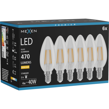 Mexen Vintis 6x LED-filamentlampa E14, C35, 4W, Varm - 2700K, 470 lm, klar - L154-E14-0427-00x06
