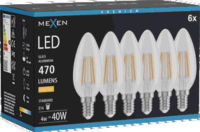 Mexen Vintis 6x LED kvēldiega spuldze E14, C35, 4W, Silta - 2700K, 470 lm, caurspīdīga - L154-E14-0427-00x06