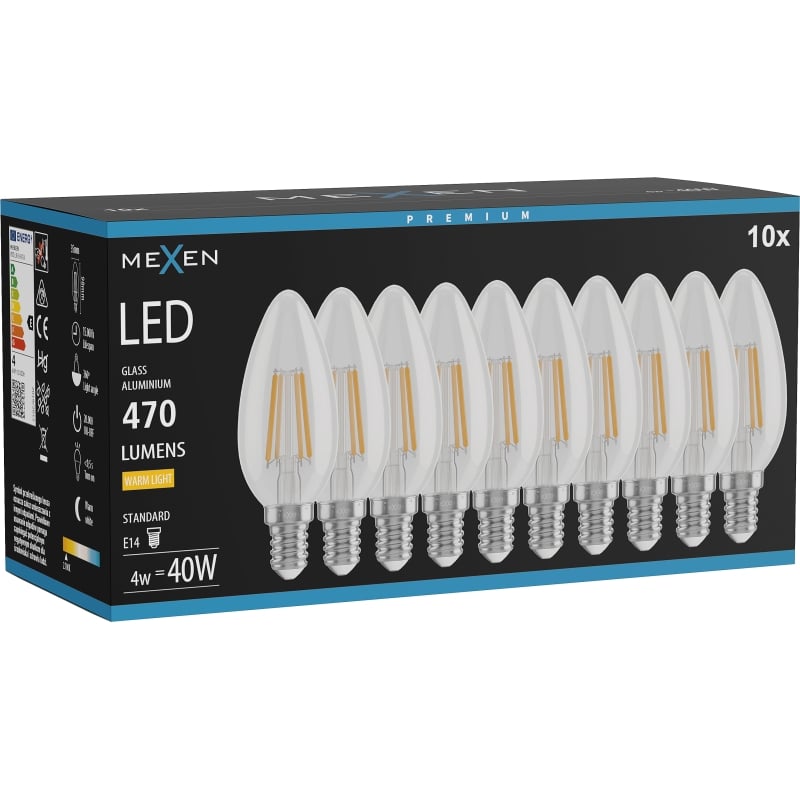 Mexen Vintis 10x Lampadina LED a filamento E14, C35, 4W, Calda - 2700K, 470 lm, trasparente - L154-E14-0427-00x10