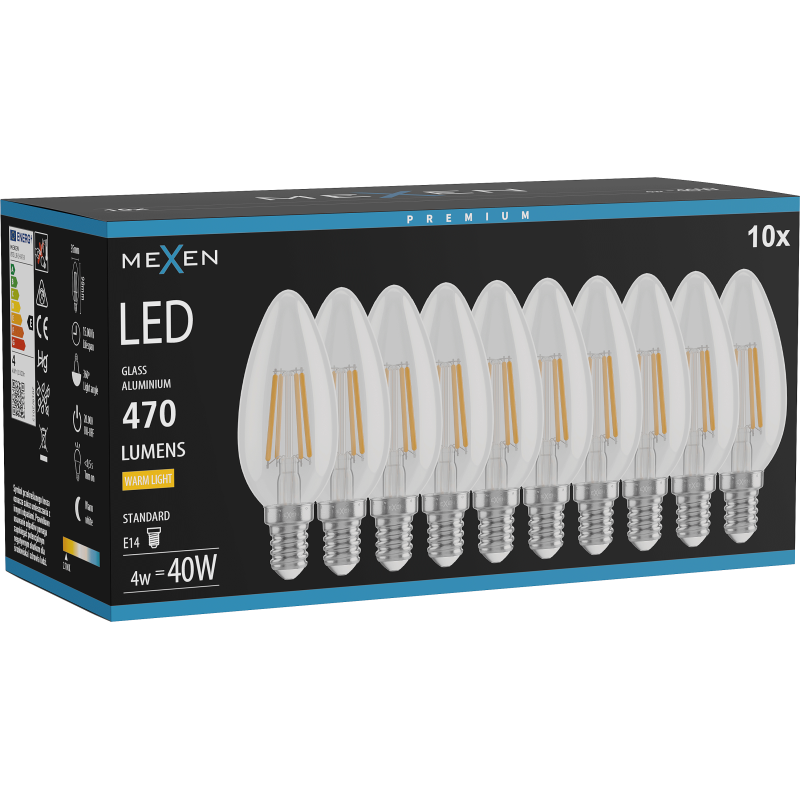Mexen Vintis 10x LED spuldze ar kvēldiegu E14, C35, 4W, Silta - 2700K, 470 lm, caurspīdīga - L154-E14-0427-00x10