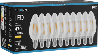 Mexen Vintis 10x LED filament pirn E14, C35, 4W, Soe - 2700K, 470 lm, läbipaistev - L154-E14-0427-00x10