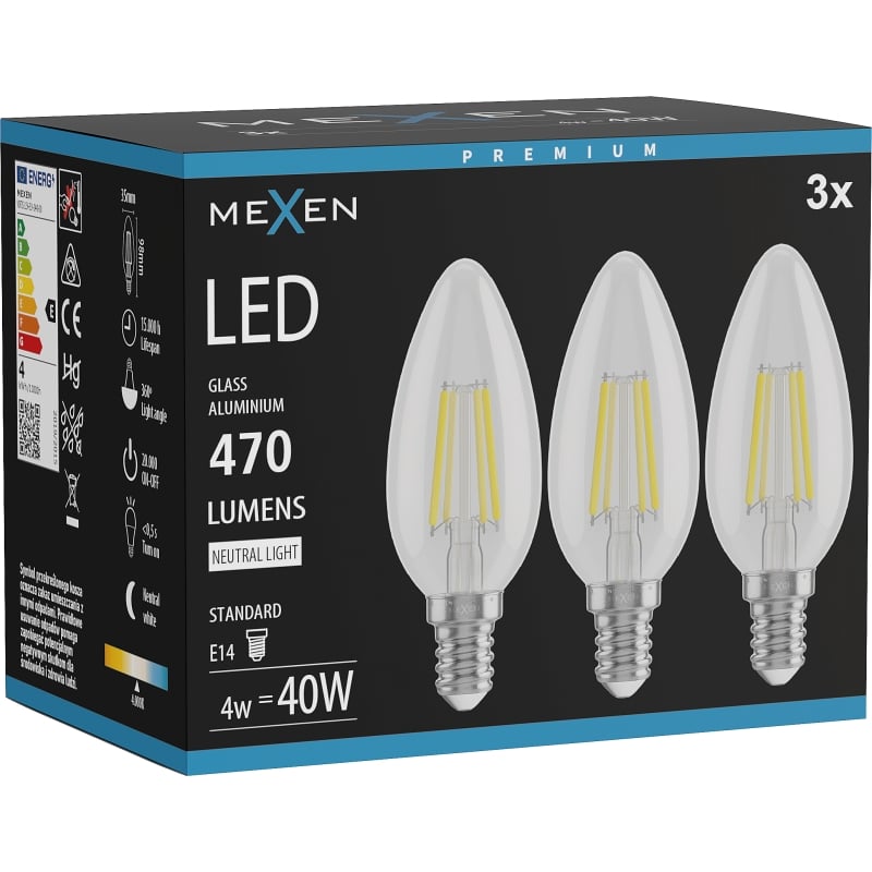 Mexen Vintis 3x Lampadina a filamento LED E14, C35, 4W, Neutro - 4000K, 470 lm, trasparente - L154-E14-0427-00x03