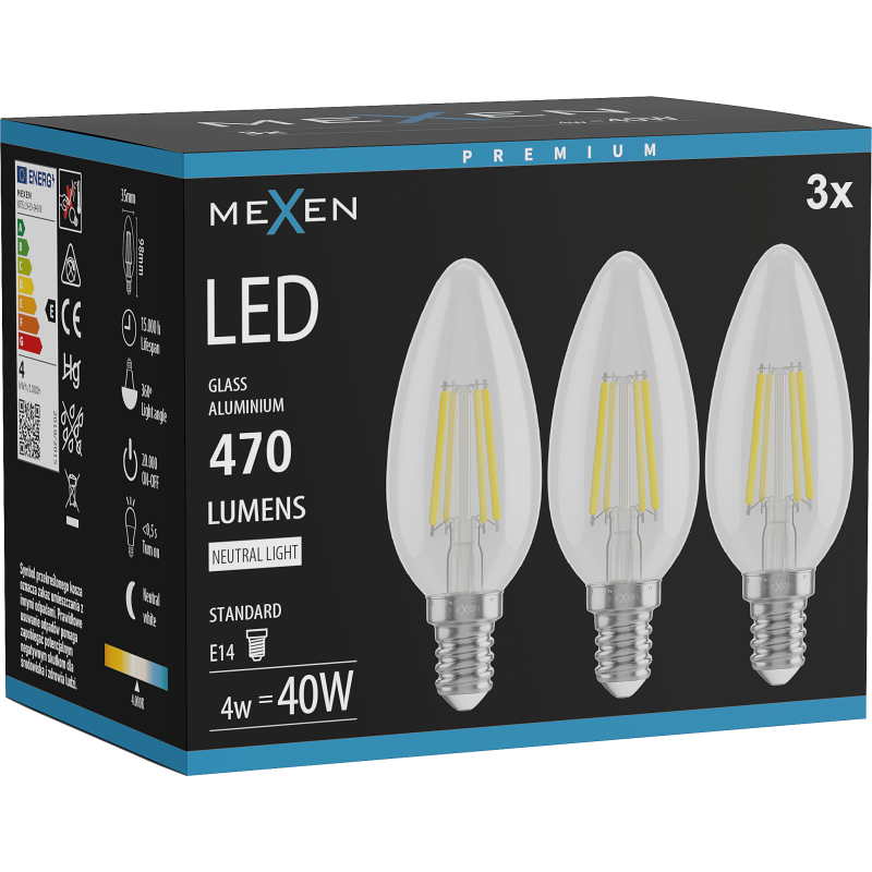 Mexen Vintis 3x żarówka filament LED E14, C35, 4W, Neutralna - 4000K, 470 lm, clear - L154-E14-0427-00x03