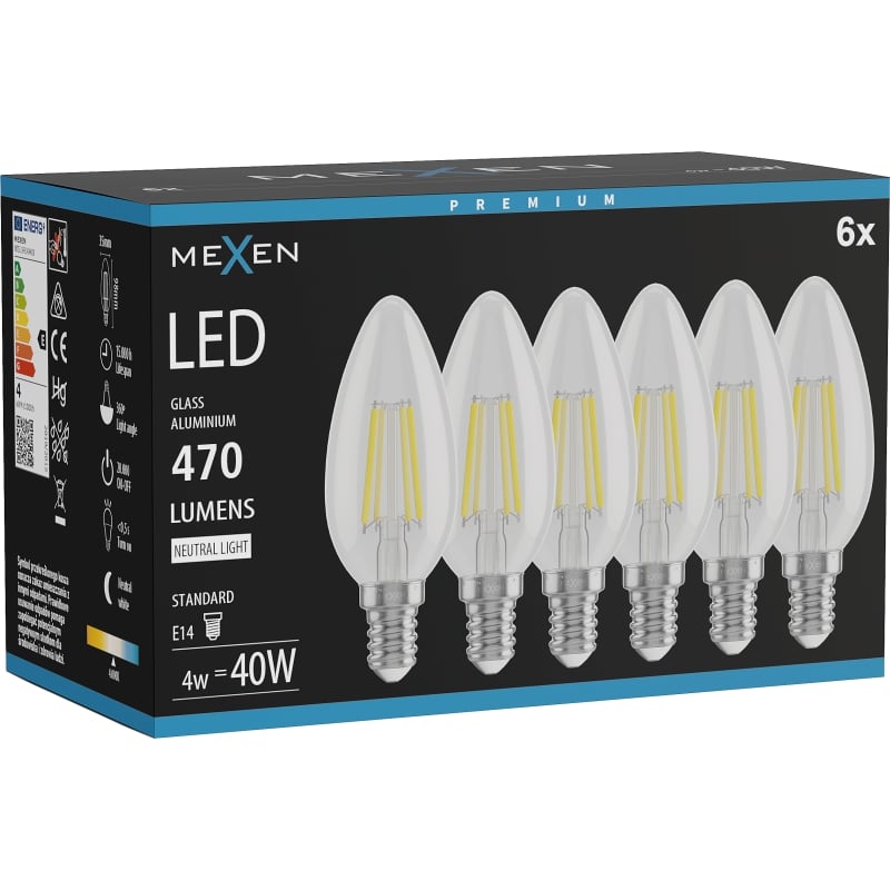 Mexen Vintis 6x Lampadina a filamento LED E14, C35, 4W, Neutra - 4000K, 470 lm, trasparente - L154-E14-0427-00x06