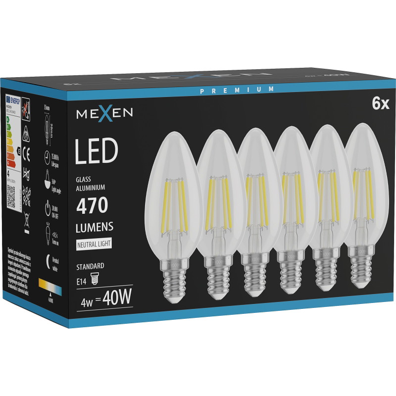 Mexen Vintis 6x żarówka filament LED E14, C35, 4W, Neutralna - 4000K, 470 lm, clear - L154-E14-0427-00x06