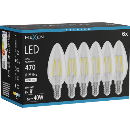Mexen Vintis 6x Lampadina a filamento LED E14, C35, 4W, Neutra - 4000K, 470 lm, trasparente - L154-E14-0427-00x06